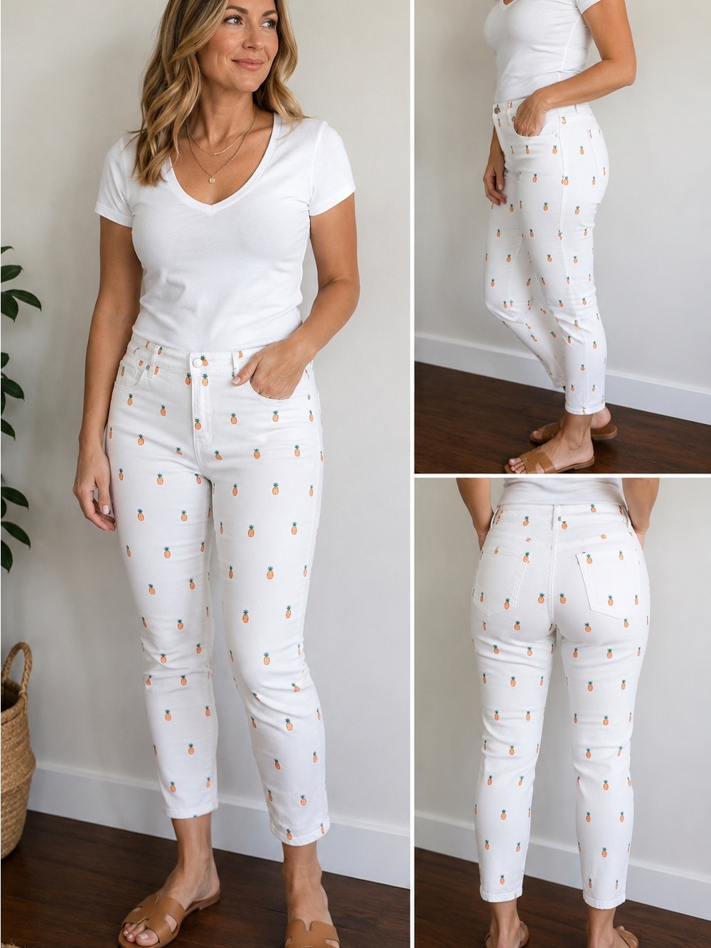 crown & ivy White Cropped Jeans with Orange Pineapple Print